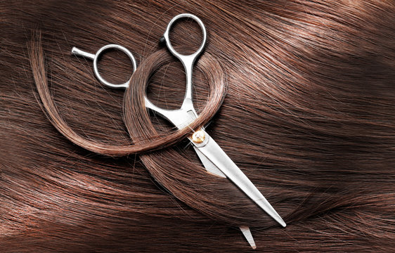Hairdresser's scissors with dark brown hair, close up