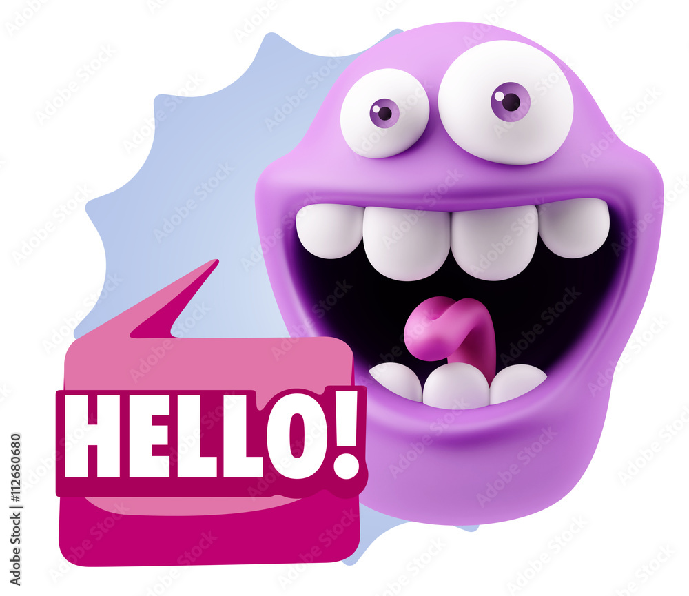 Poster 3d rendering smile character emoticon expression saying hello wi