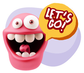 3d Rendering Smile Character Emoticon Expression saying Let'S Go
