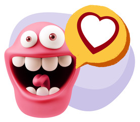 3d Rendering Smile Character Emoticon Expressing Love with a Hea