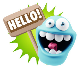 3d Rendering Smile Character Emoticon Expression saying Hello wi