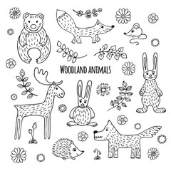 Set of black and white Tropical animals.