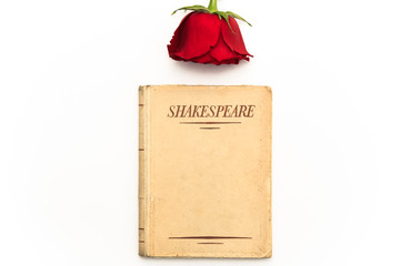 An old book by Shakespeare and a red rose sit on a white background