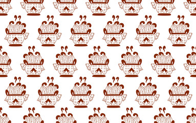 sketch drawing aztec cacao bean, leaves, nibs seamless pattern