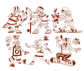 set of ski, snowboard, ice skating, basketball, hockey stylized