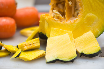 Pumpkin pieces on a cutting board