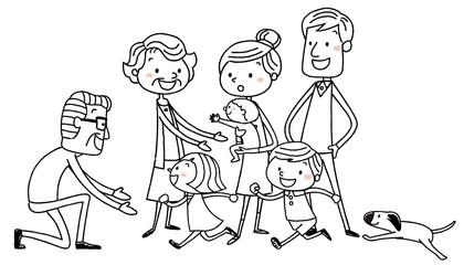 イラスト素材：楽しい家族　線画
