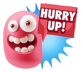 3d Rendering Smile Character Emoticon Expression saying Hurry Up