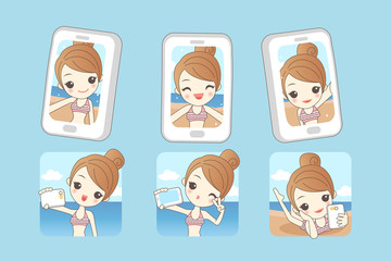 Fototapeta premium Cartoon woman smile take selfie