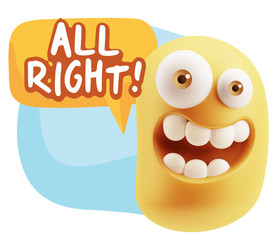 3d Rendering Smile Character Emoticon Expression saying All Righ