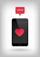 Love on Phone. Vector illustration of smart phone. Happy Valentines Day on Mobile. Phone screen with Hearts.