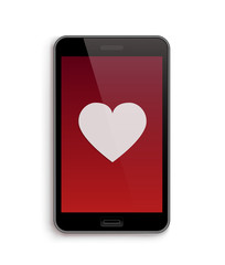Smartphone, mobile phone on white background with red Heart. Valentine's Day and Love concept, realistic vector illustration