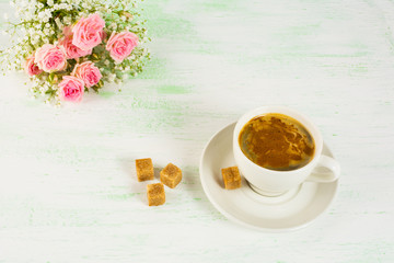 Romantic morning coffee with roses