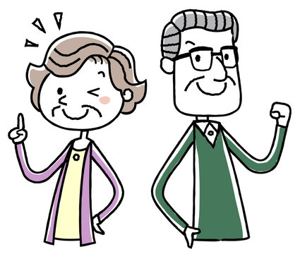 イラスト素材：老夫婦　やる気　ポーズ
