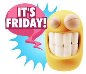 3d Rendering Smile Character Emoticon Expression saying It's Fri