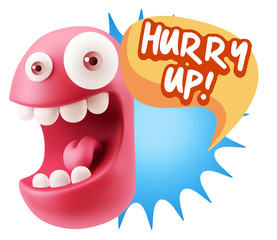 3d Rendering Smile Character Emoticon Expression saying Hurry Up