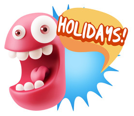 3d Rendering Smile Character Emoticon Expression saying Holidays