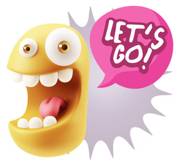 3d Rendering Smile Character Emoticon Expression saying Let'S Go