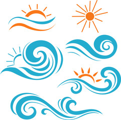 Fototapeta na wymiar Abstract waves, sea and sun icons. Decorative silhouettes