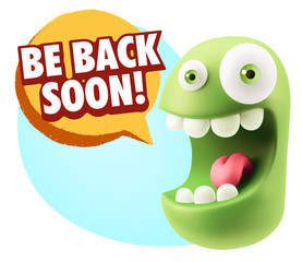 3d Rendering Smile Character Emoticon Expression saying Be Back