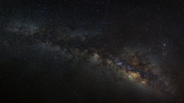 Panorama Milky Way galaxy, Long exposure photograph, with grain.