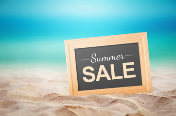 Summer sale Concept. Close up wooden picture frame and summer sale text on the beach - Powered by Adobe
