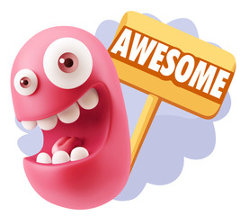 3d Rendering Smile Character Emoticon Expression saying Awesome