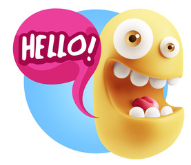 3d Rendering Smile Character Emoticon Expression saying Hello wi