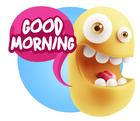 3d Rendering Smile Character Emoticon Expression saying Good Mor