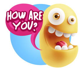 3d Rendering Smile Character Emoticon Expression saying How Are