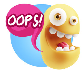 3d Rendering Smile Character Emoticon Expression saying Oops wit