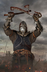 Knights holds sword and axe.