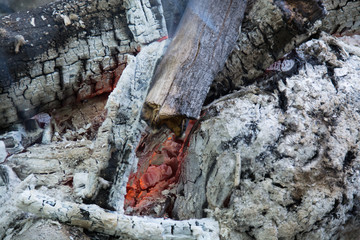 The coals of a campfire closeup. Ash without fire.