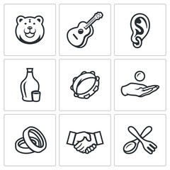 Vector Set of Gypsy Camp Icons. Bear, Guitar, Eear Ring, Alcohol, Tambourine, Beggar, Wedding, Agreement, Silverware.