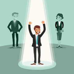 cheerful businessman with arms up under spotlight, successful career concept