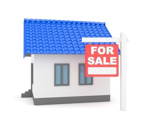 Miniature model of house real estate for sale on white background. 3D rendering.