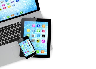 Laptop, phone and tablet pc. 3d rendering.