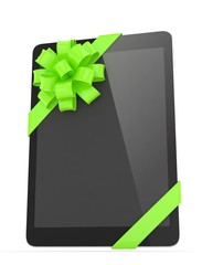 Black tablet with green bow. 3D rendering.