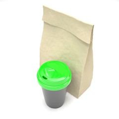 Coffee to go and lunch bag, on white. 3d rendering.