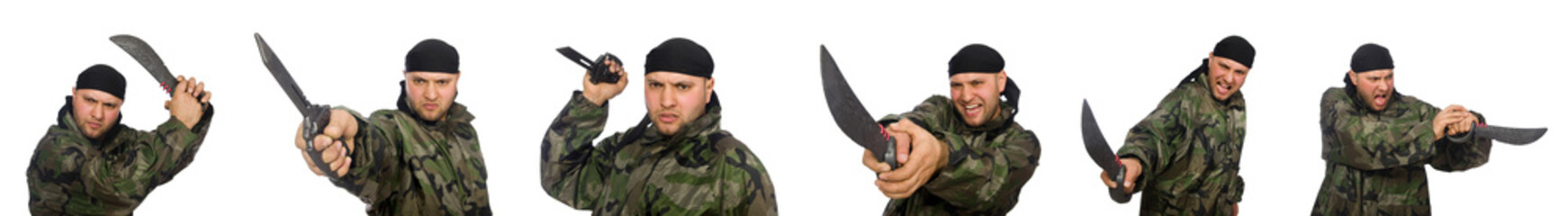 Young man in soldier uniform holding knife isolated on white