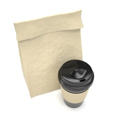 Coffee to go and lunch bag, on white. 3d rendering.