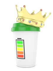 Coffee cup with  golden crown and battery on white background. Concept of luxury royal coffee. 3D rendering.