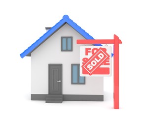Isolated model of house with sign for sale sold. Concept of real estate, new apartment and moving to a new house. 3D rendering.