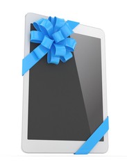White tablet with blue bow. 3D rendering.
