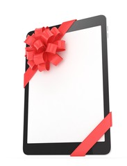 Black tablet with red bow and empty screen. 3D rendering.