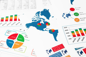 World map with charts, graphs and diagrams