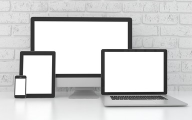 Responsive mockup screen. Monitor, laptop, tablet, phone on table in office. 3d rendering.