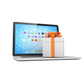 Gift box with ribbon on laptop keyboard. 3d rendering.