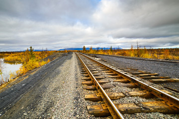 Railway track. Late autumn in the Arctic tundra.