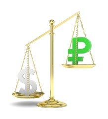 Isolated old fashioned pan scale with dollar and ruble on white background. American and russian currency. Dollar is heavier. Silver usd, green rouble. 3D rendering.